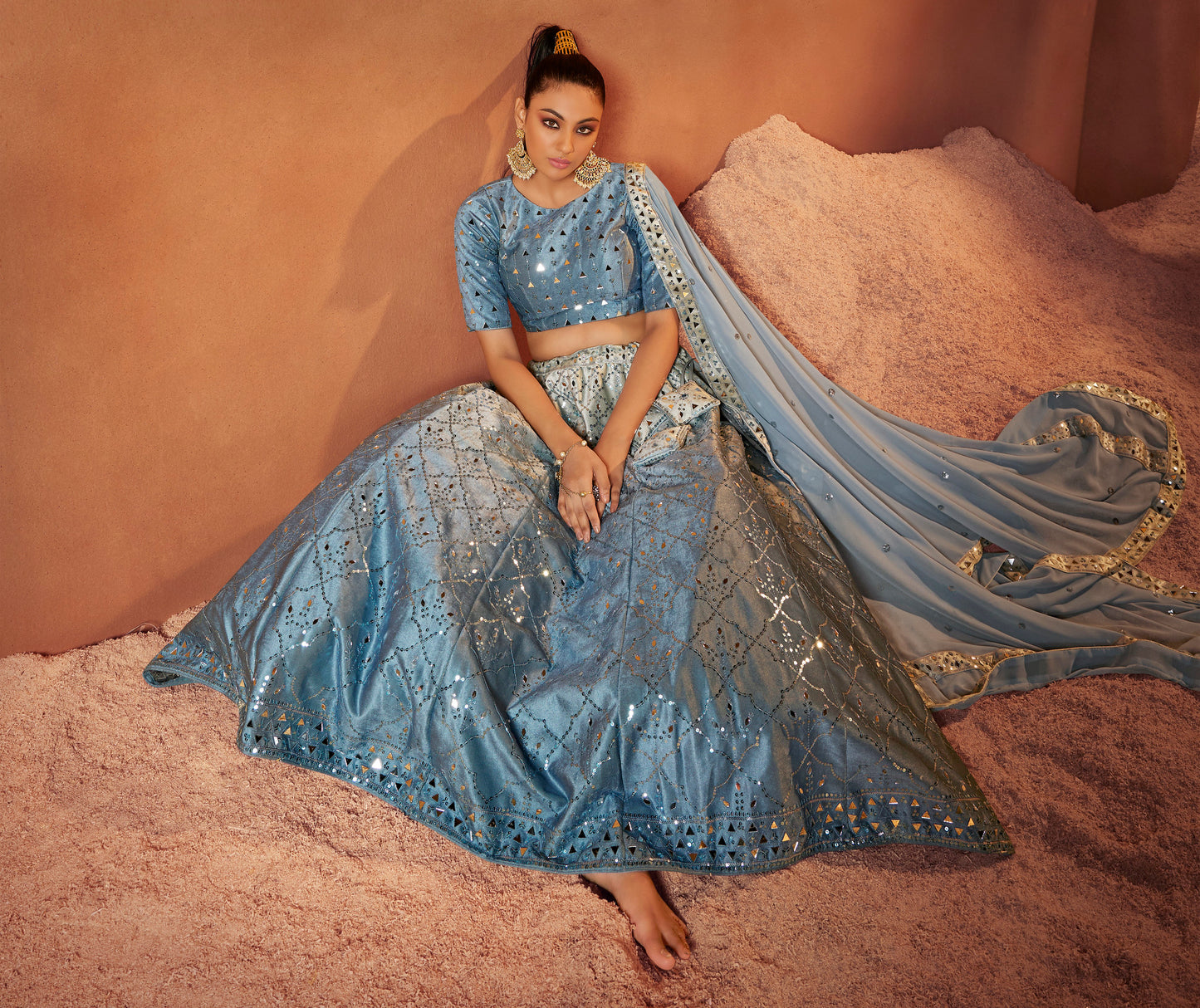 Blue Embroidered Velvet Lehenga Choli Set