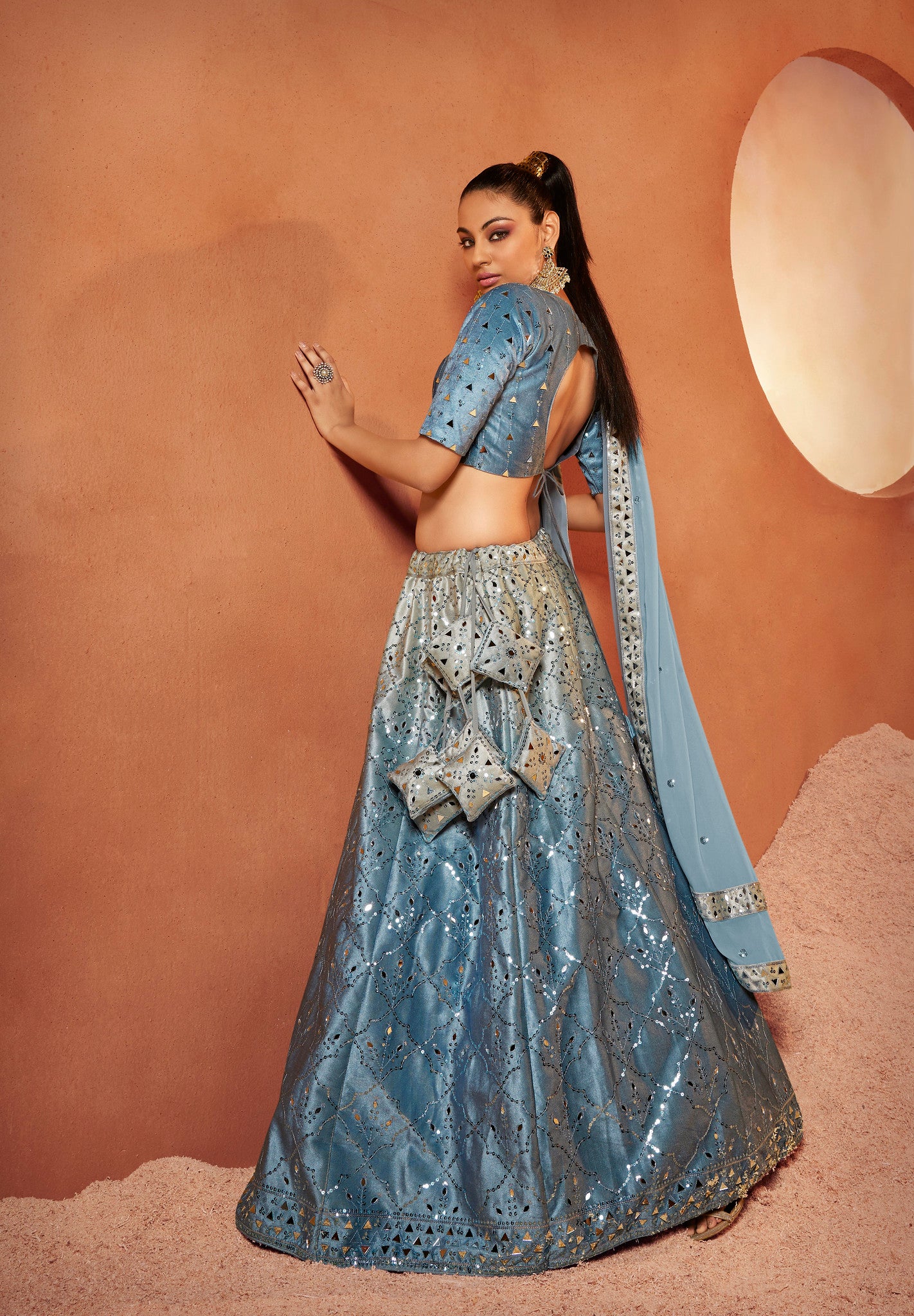 Blue Embroidered Velvet Lehenga Choli Set