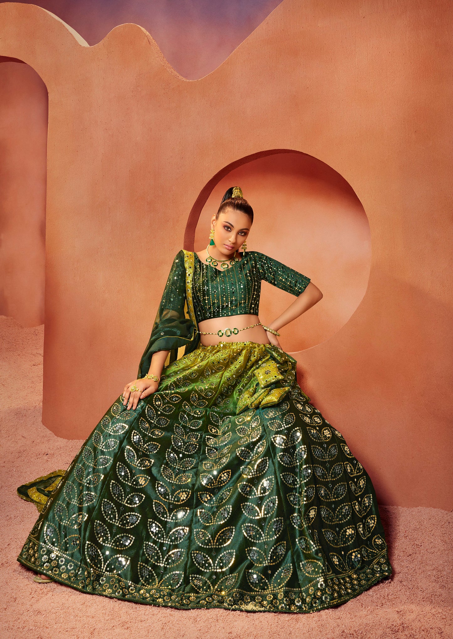 Green Embroidered Velvet Lehenga Choli Set