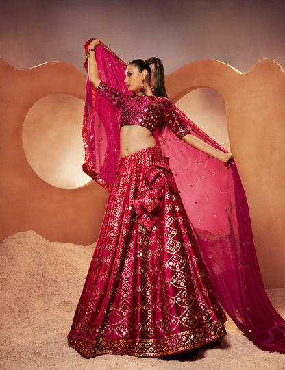 Magenta Embroidered Velvet Lehenga Choli Set