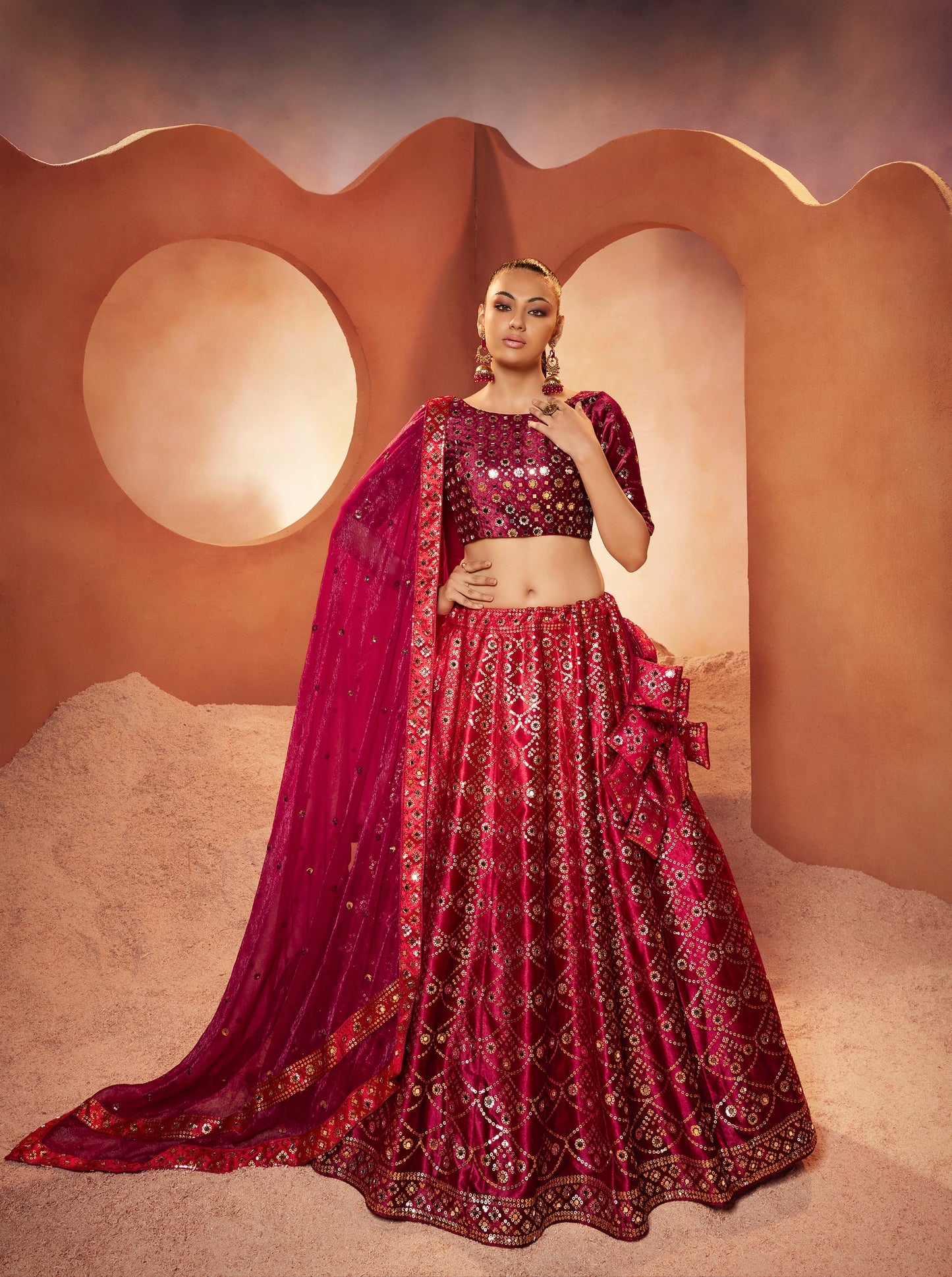 Magenta Embroidered Velvet Lehenga Choli Set