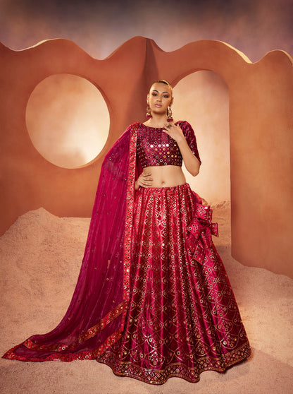 Magenta Embroidered Velvet Lehenga Choli Set