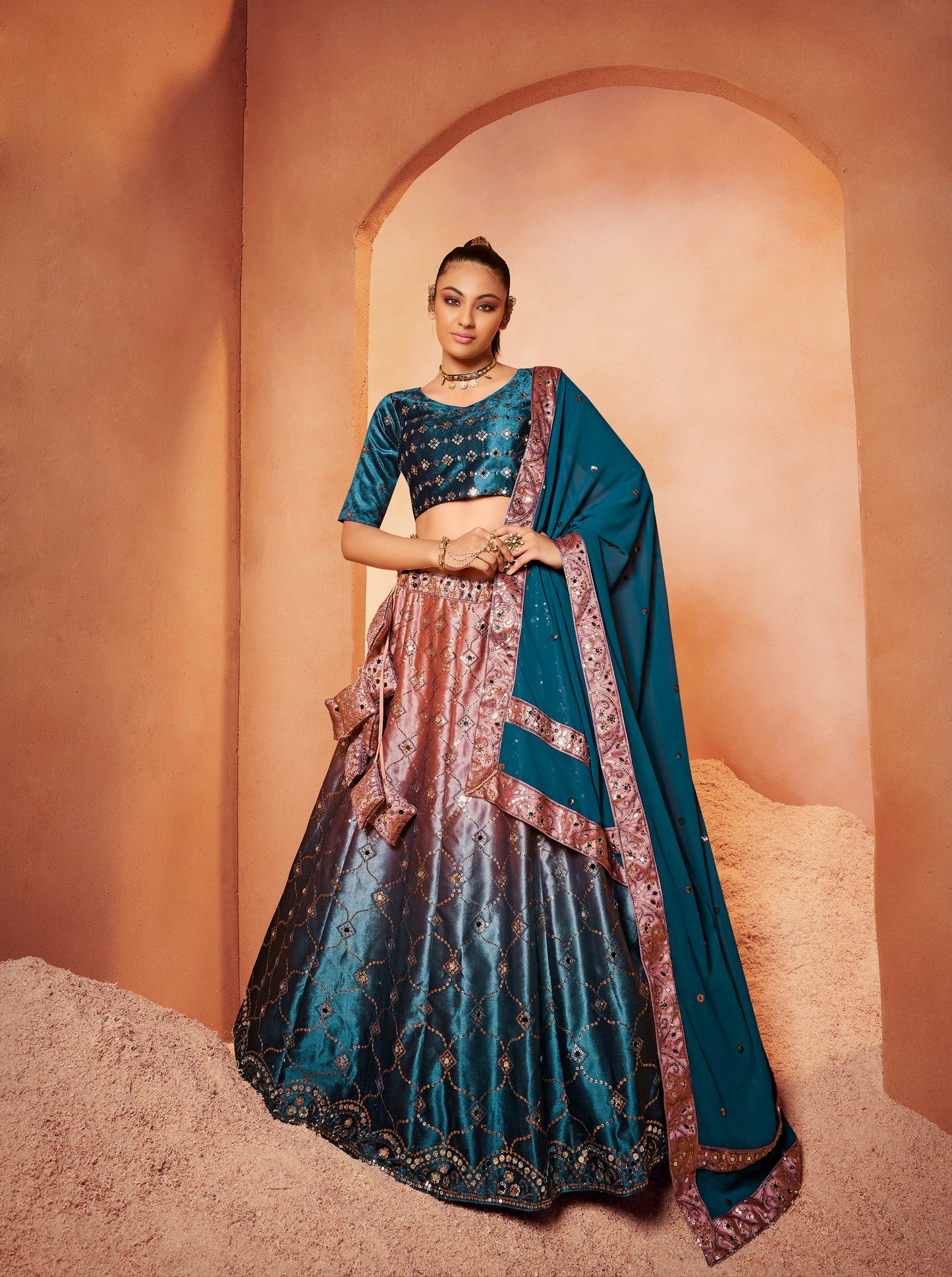 Teal Blue Embroidered Velvet Lehenga Choli Set