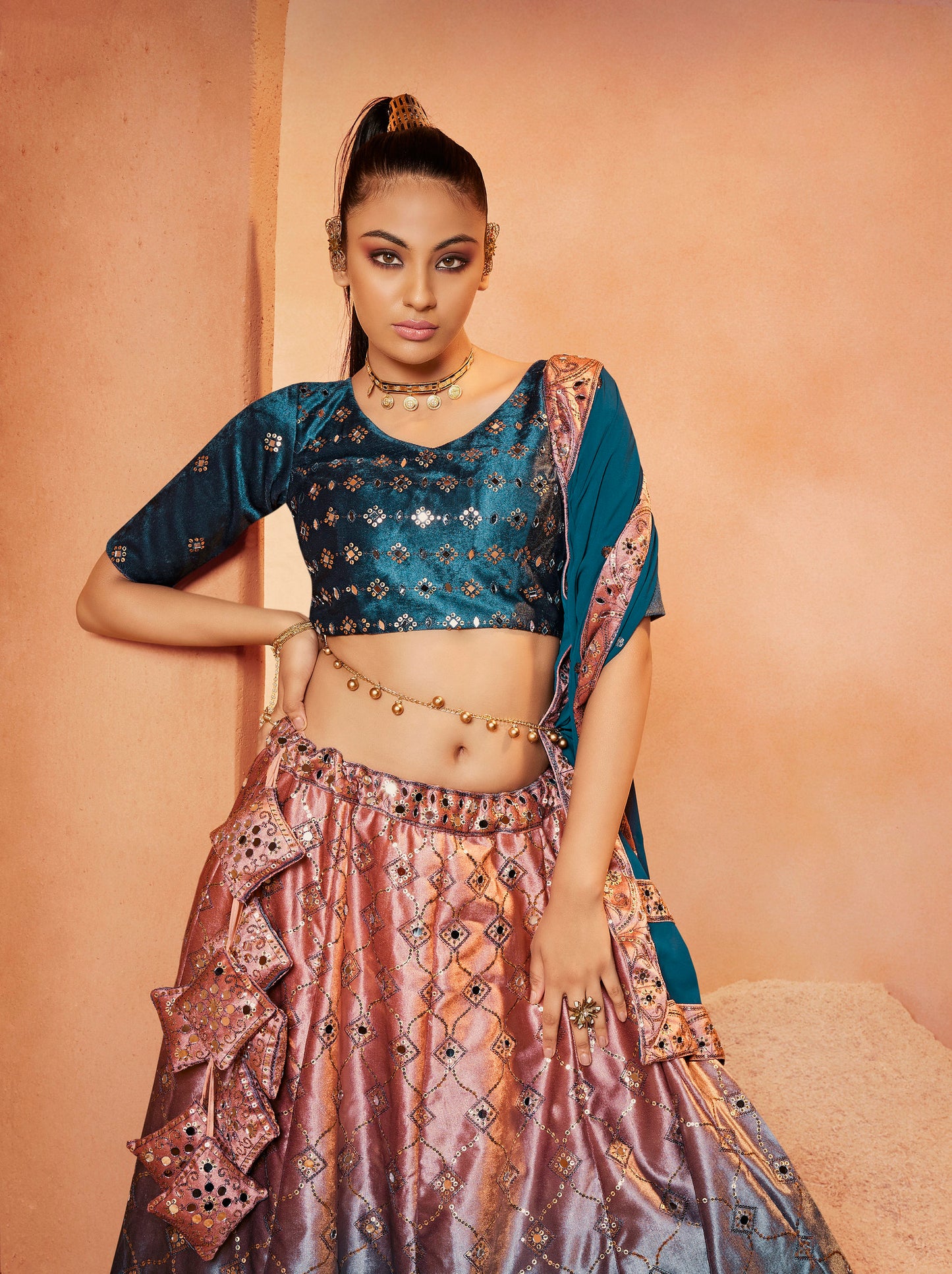 Teal Blue Embroidered Velvet Lehenga Choli Set