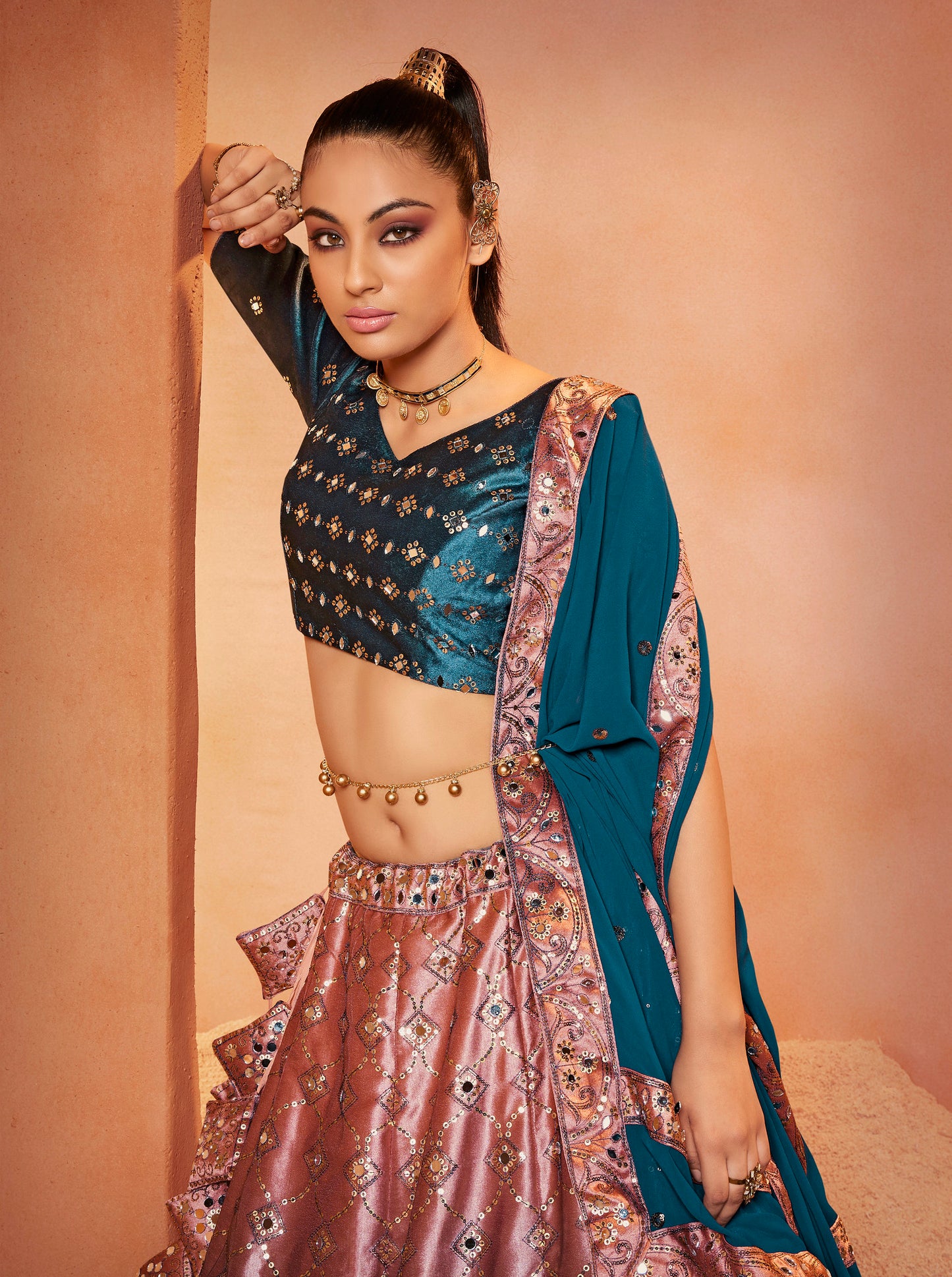 Teal Blue Embroidered Velvet Lehenga Choli Set