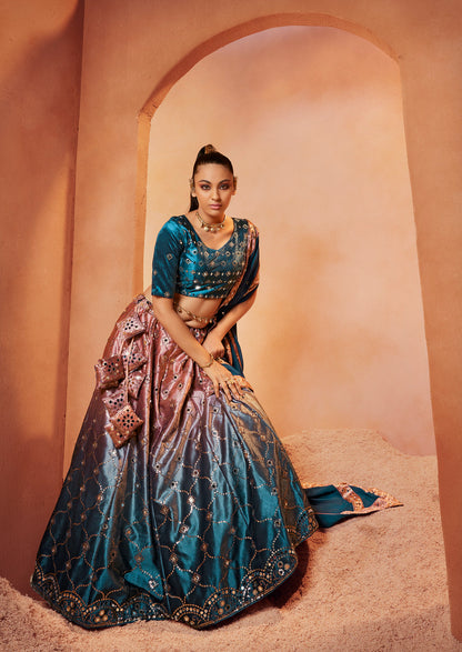 Teal Blue Embroidered Velvet Lehenga Choli Set