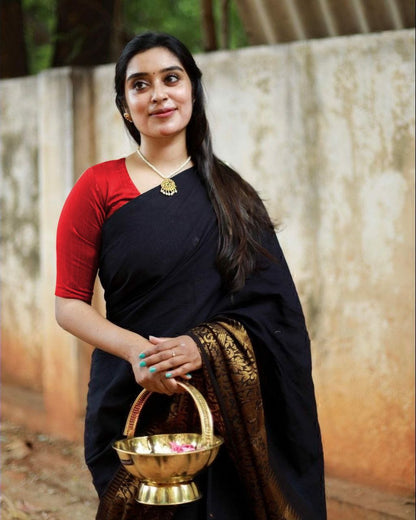 Black Soft Litchi Silk Saree with Gold Zari Work