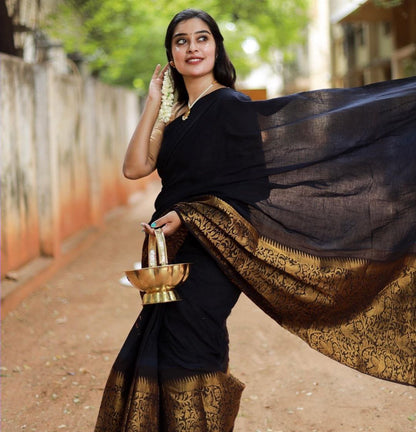 Black Soft Litchi Silk Saree with Gold Zari Work