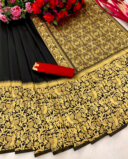 Black Soft Litchi Silk Saree with Gold Zari Work