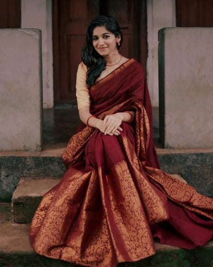 Maroon Soft Litchi Silk Saree with Zari Work