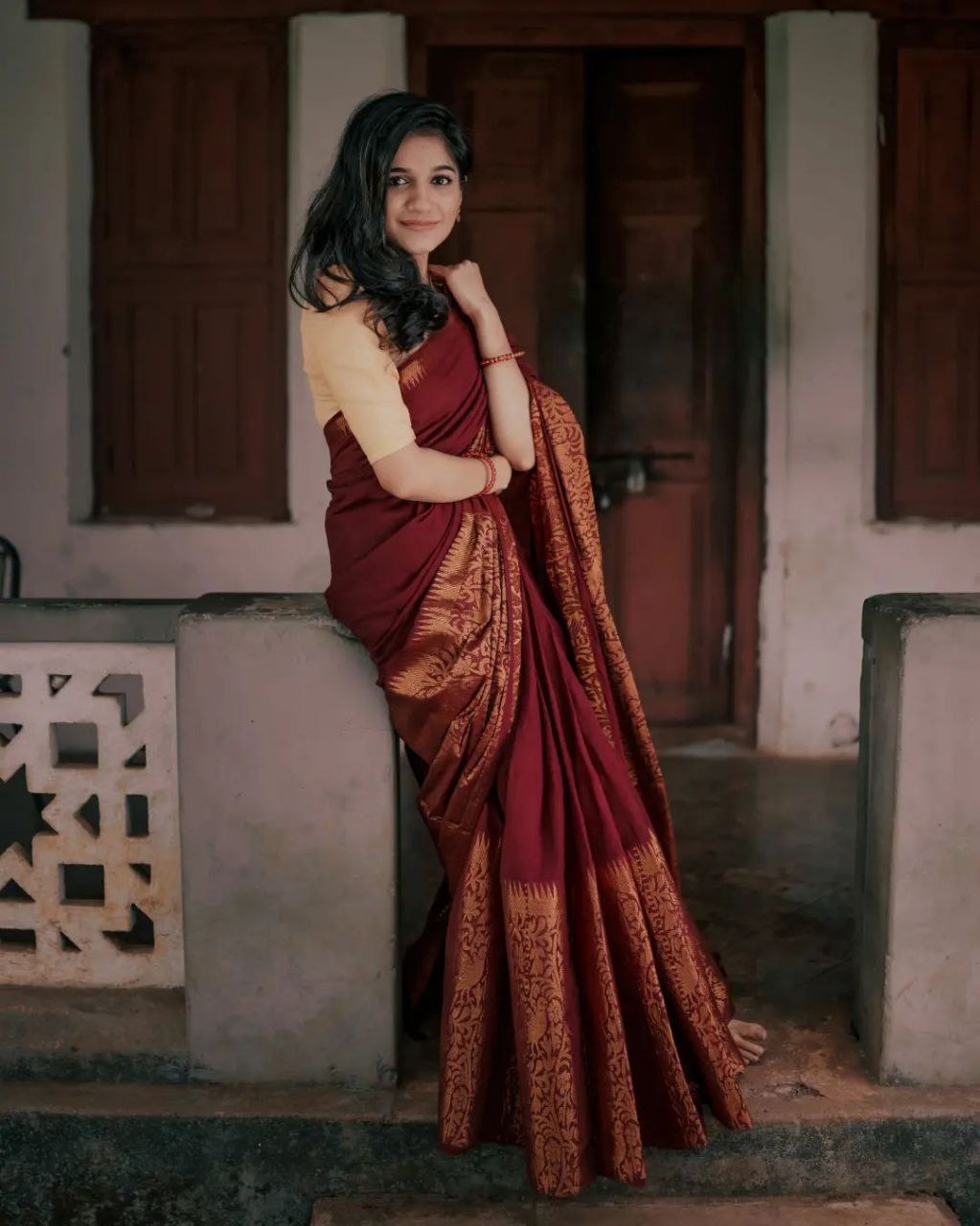 Maroon Soft Litchi Silk Saree with Zari Work