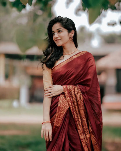 Maroon Soft Litchi Silk Saree with Zari Work