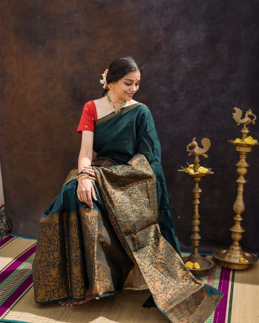 Mehendi Green Soft Litchi Silk Saree with Zari Work