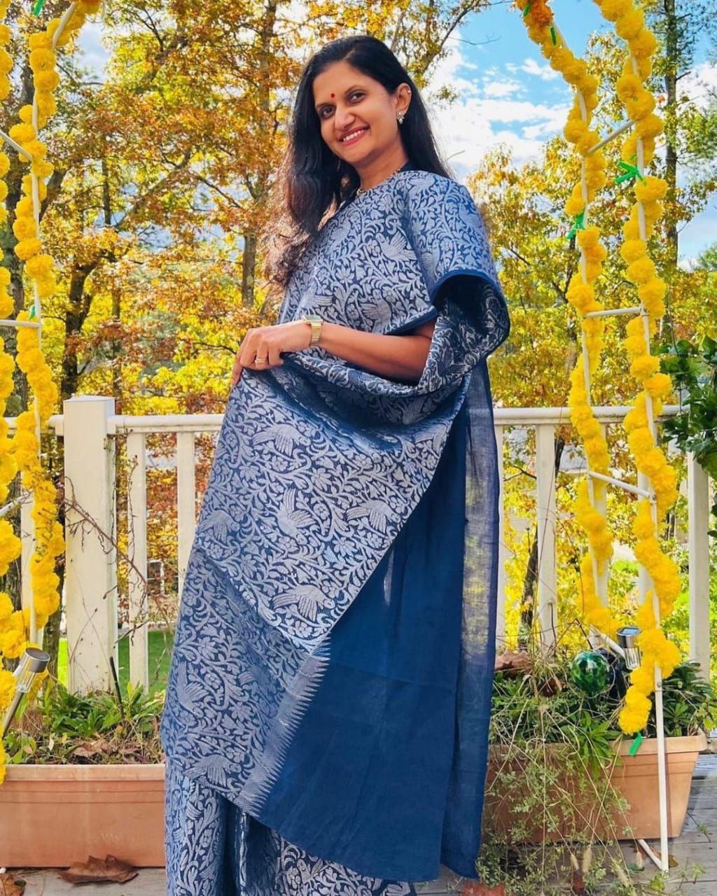 Navy Blue Soft Litchi Silk Saree with Zari Work