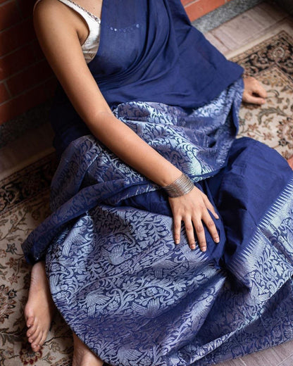 Navy Blue Soft Litchi Silk Saree with Zari Work