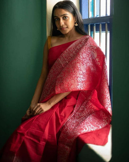 Red Soft Litchi Silk Saree with Zari Work