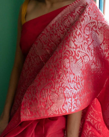 Red Soft Litchi Silk Saree with Zari Work