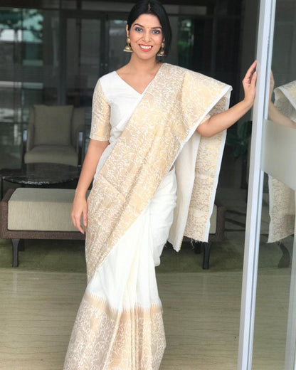 White Soft Litchi Silk Saree with Zari Border