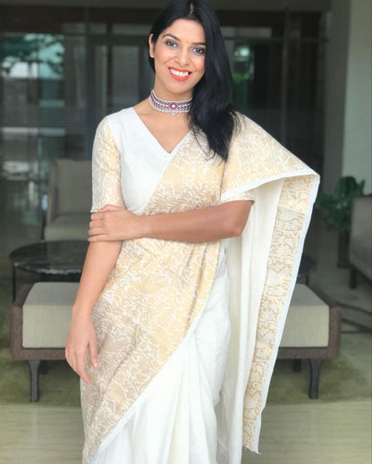 White Soft Litchi Silk Saree with Zari Border