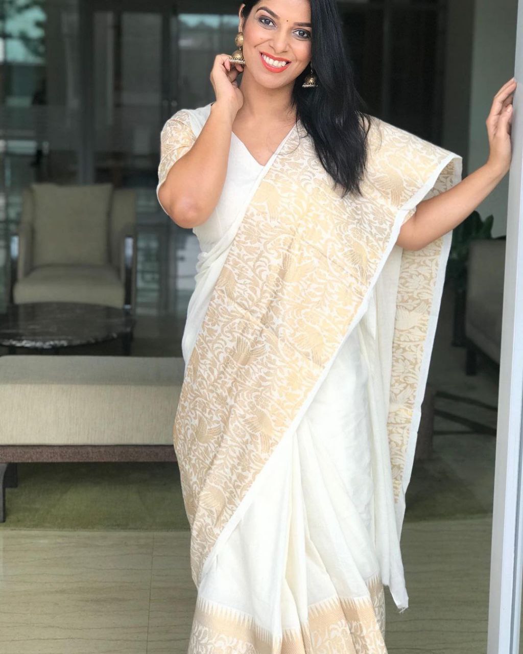 White Soft Litchi Silk Saree with Zari Border