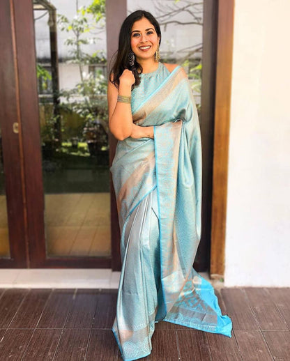 Sky Blue Soft Silk Saree with Copper Zari Work