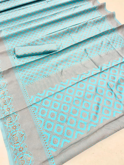 Sky Blue Soft Silk Saree with Copper Zari Work