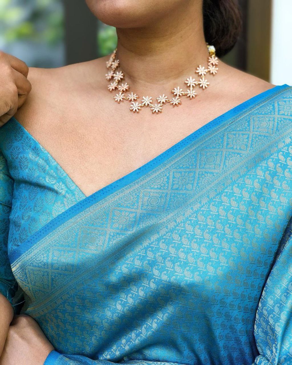 Sky Blue and Silver Soft Litchi Silk Saree with Zari Work