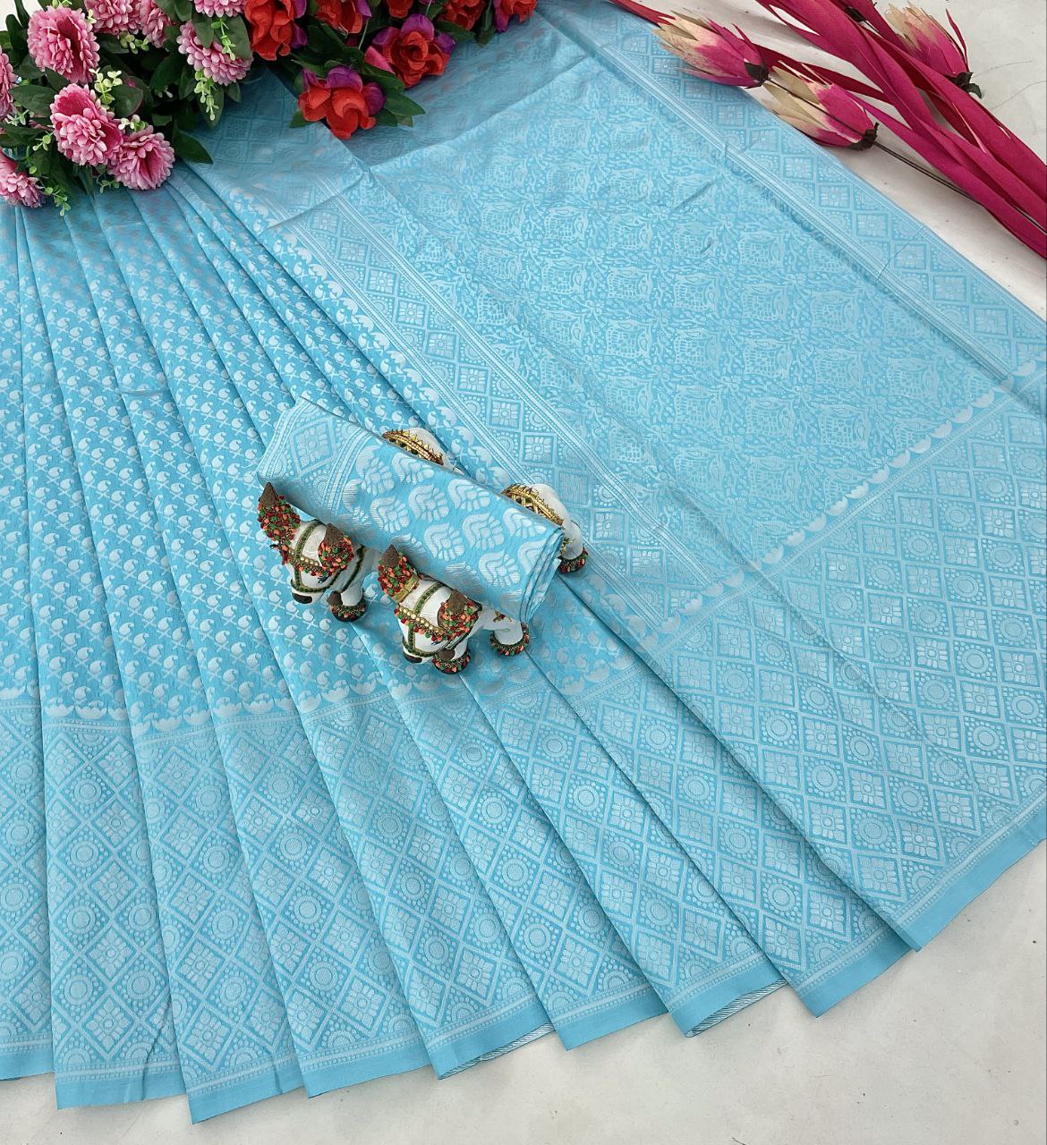 Sky Blue and Silver Soft Litchi Silk Saree with Zari Work