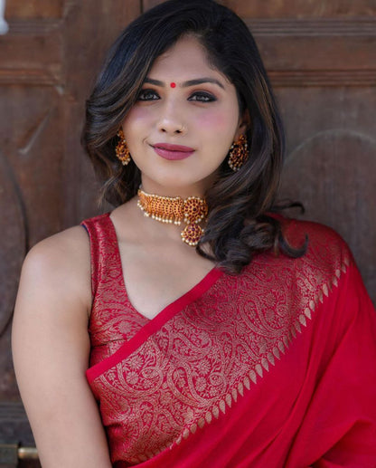 Red and Gold Soft Silk Saree with Zari Work